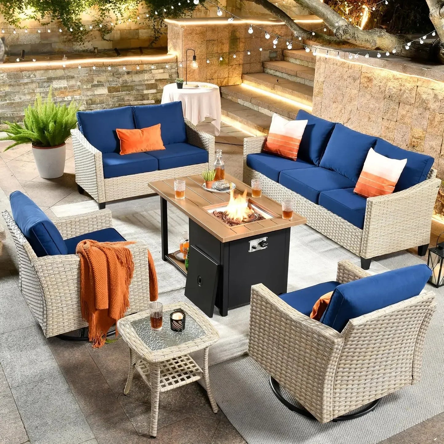 Patio FurnitureAll Weather Wicker Outdoor Sofa with High Back Swivel Rocker ChairsConversation Set Fire Pit,Light Rattan Cushion