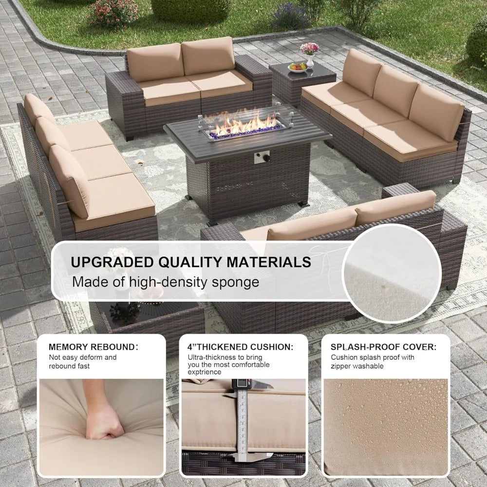 13-piece outdoor patio furniture set with 43-inch 55,000 btu gas propane fire pit table and wicker rattan sectional sofa patio