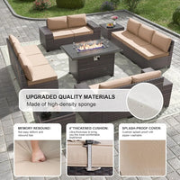 "13-piece outdoor patio furniture set with 43-inch 55,000 btu gas propane fire pit table and wicker rattan sectional sofa patio