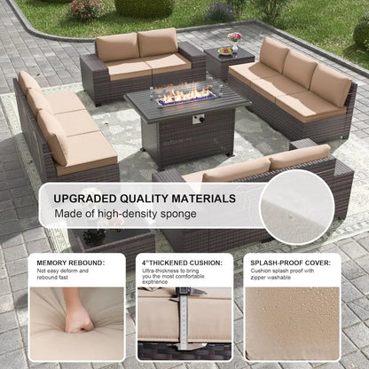 13-piece outdoor patio furniture set with 43-inch 55,000 btu gas propane fire pit table and wicker rattan sectional sofa patio
