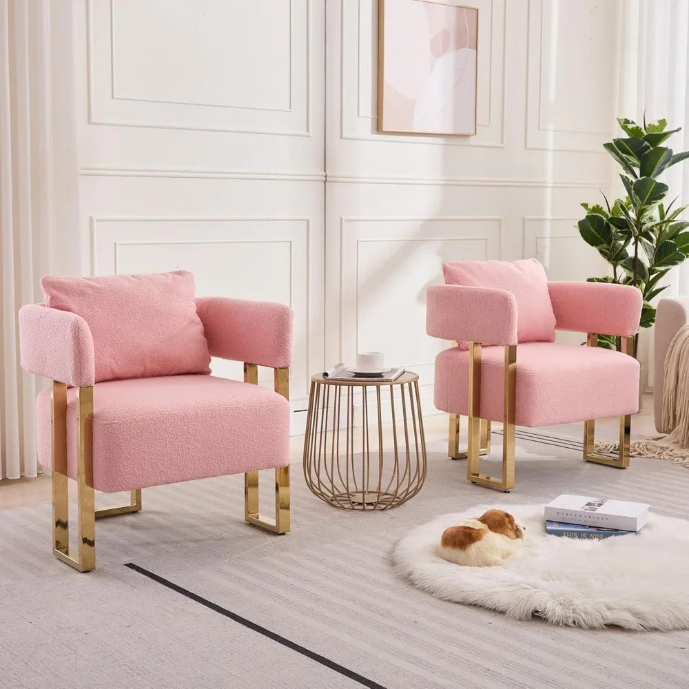 Set of 2 Modern Barrel Chairs: Upholstered Armchairs with Gold Metal Legs & Soft Teddy Fabric - Living Room Accent Chairs