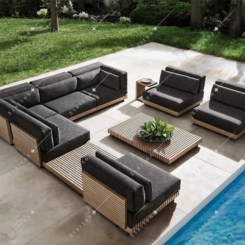 High Quality Solid Wood Teak Outdoor Patio Garden Sofas L-Shape Sectional Sofa Cushions for Villa Park Poolside Restaurant Use