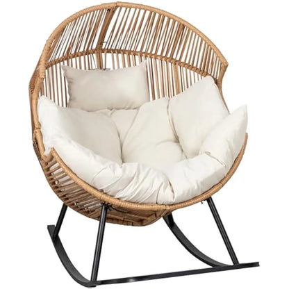 Wicker Egg Chair, Oversized Outdoor Indoor Rocking Chairs, Large PE Rattan Rocking Chair with Cushion for Patio, Balcony
