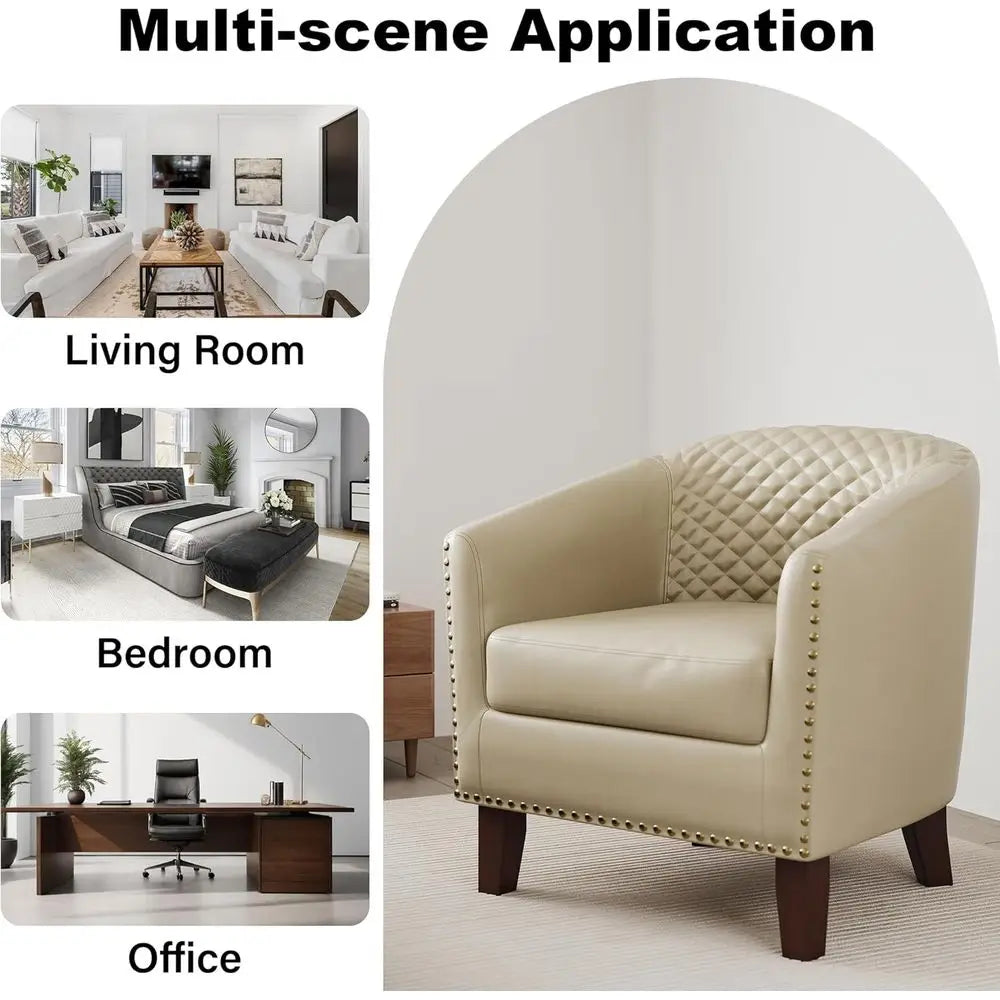 Faux Leather Accent Barrel Chair with Nailed Trim, Comfortable Club Chair for Living Spaces (Beige, 1 Set)