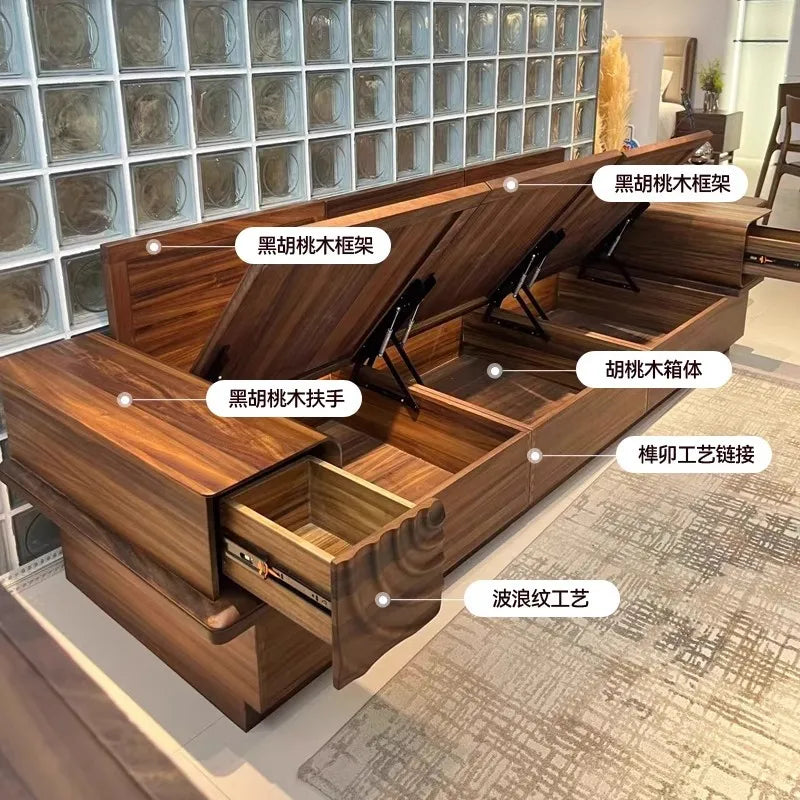 Solid wood sofa black walnut living room new new Chinese-style small apartment storage box body dual-purpose