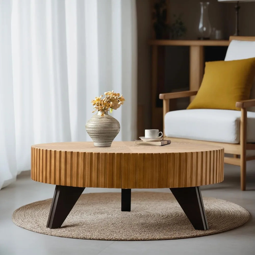 Contemporary Walnut Coffee Table - Rustic Grain Pedestal Style | Compact Modern Accent Table