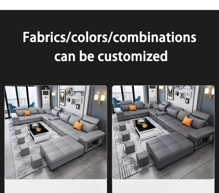 Modern simple living room sofa set U-shaped sleepable luxury cloth sofa villa large combination corner function sofa