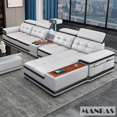 Linlamlim Luxury Genuine Leather Sectional Sofa with Adjustable Headrests, Projector, Speaker and Storage for Living Room Couch
