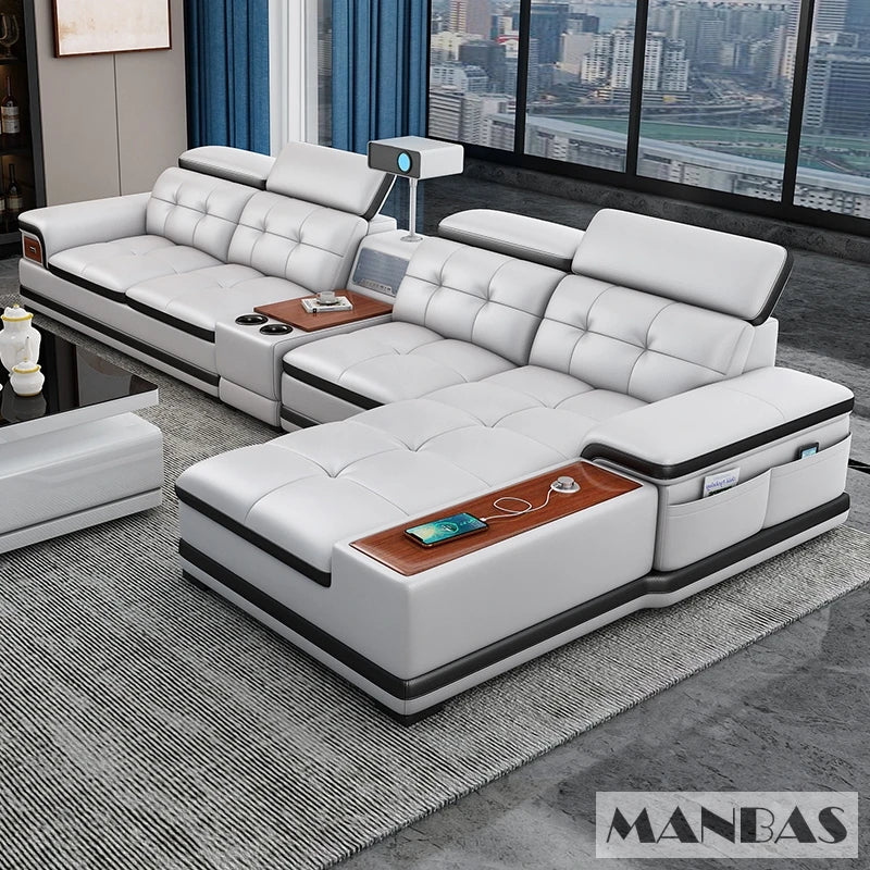 Linlamlim Luxury Genuine Leather Sectional Sofa with Adjustable Headrests, Projector, Speaker and Storage for Living Room Couch
