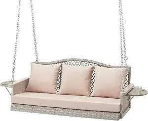 Upgraded Wicker Hanging Porch Swing, Heavy Duty 900 LBS 3-Seat Outdoor Patio Swing Chair Bench, for Adult w/ 8.9ft Hanging Chain