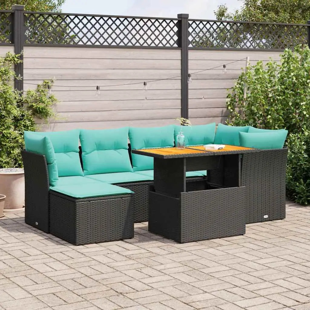 7-Piece Black Poly Rattan Patio Sofa Set with Cushions Stylish Outdoor Furniture