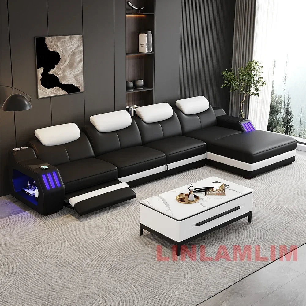 Modern Genuine Leather Massage Sectional Sofa Bed with Adjustable Headrests & LED Lights, Recliner Couch Set with Storage & USB