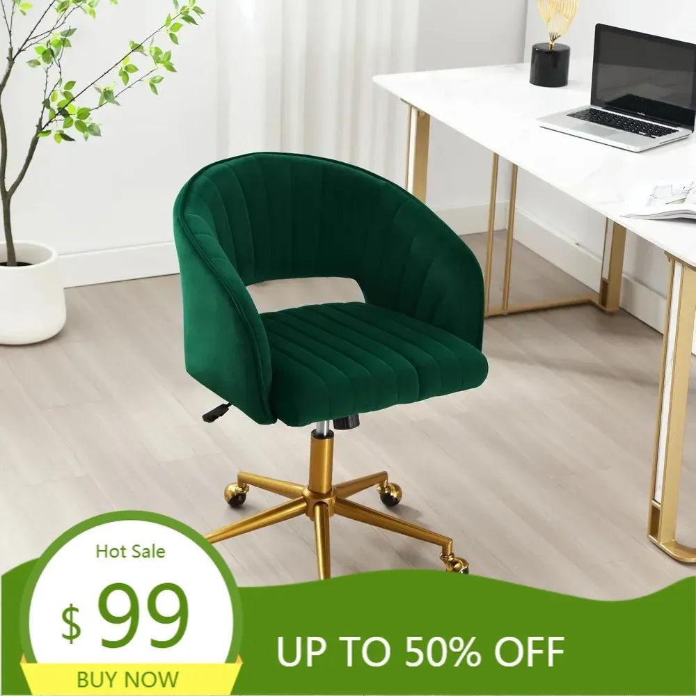 "contemporary swivel ergonomic chair with velvet upholstery and adjustable height on gold base"