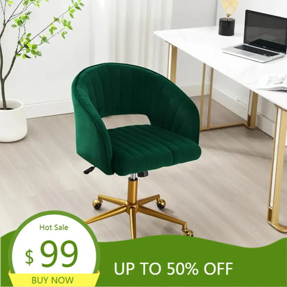 "contemporary swivel ergonomic chair with velvet upholstery and adjustable height on gold base"