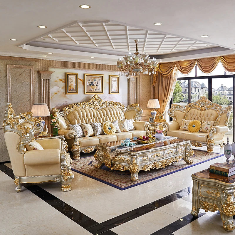 Luxury Couch Living Room Sofa Genuine Leather Solid Wood Living Room Sofa Elegant Europe Canape Salon Home Furniture