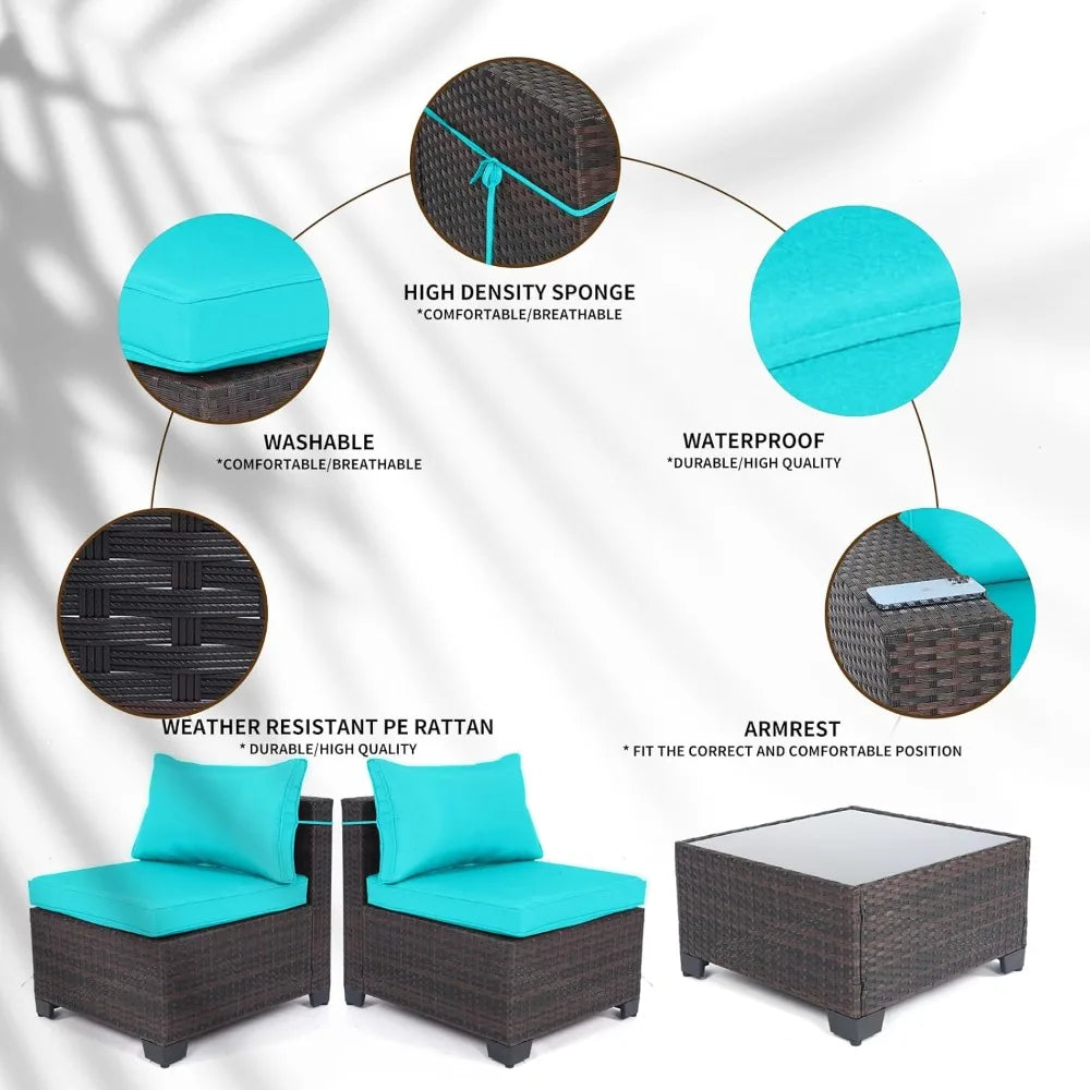 4 Pieces Patio Rattan Furniture Set, Outdoor Wicker Sofa Set with Tempered Glass Coffee Table, Cushions, All Weather Rattan Con