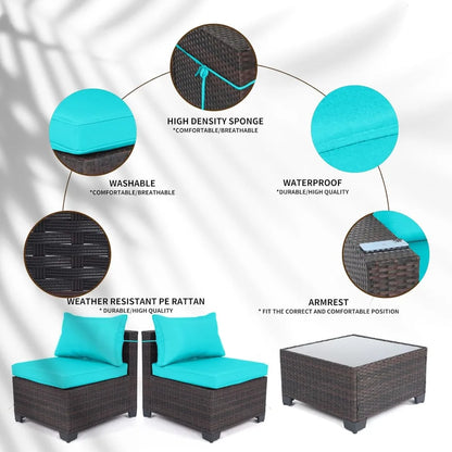 4 Pieces Patio Rattan Furniture Set, Outdoor Wicker Sofa Set with Tempered Glass Coffee Table, Cushions, All Weather Rattan Con