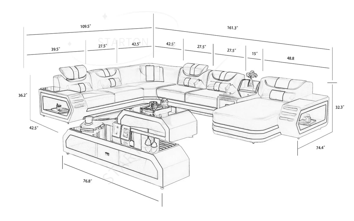 High Quality Luxury Design Leather Sectional Sofa Set with LED Light Genuine Leather Black Wholesale Living Room Furniture