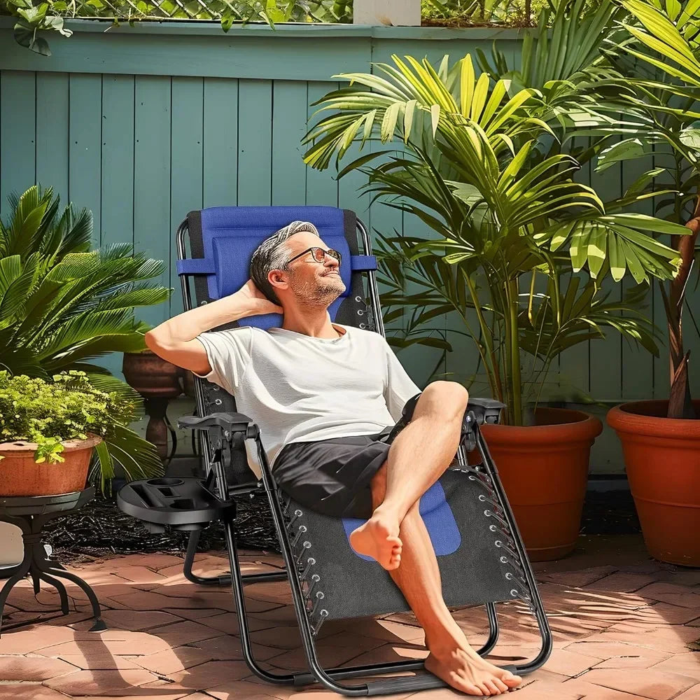 Padded Zero Gravity Lounge Chair Folding Patio Recliner with Adjustable Headrest & Cup Holder, Support 350 LBS (Grey)