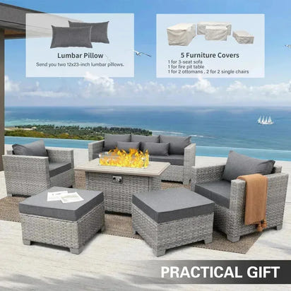 PatioLix Qwaroom Set 6 piece Grey Wicker outdoor furniture patio sectional sofa couch PE rattan conversation sets