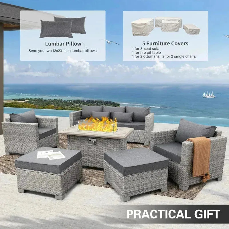 PatioLix Qwaroom Set 6 piece Grey Wicker outdoor furniture patio sectional sofa couch PE rattan conversation sets