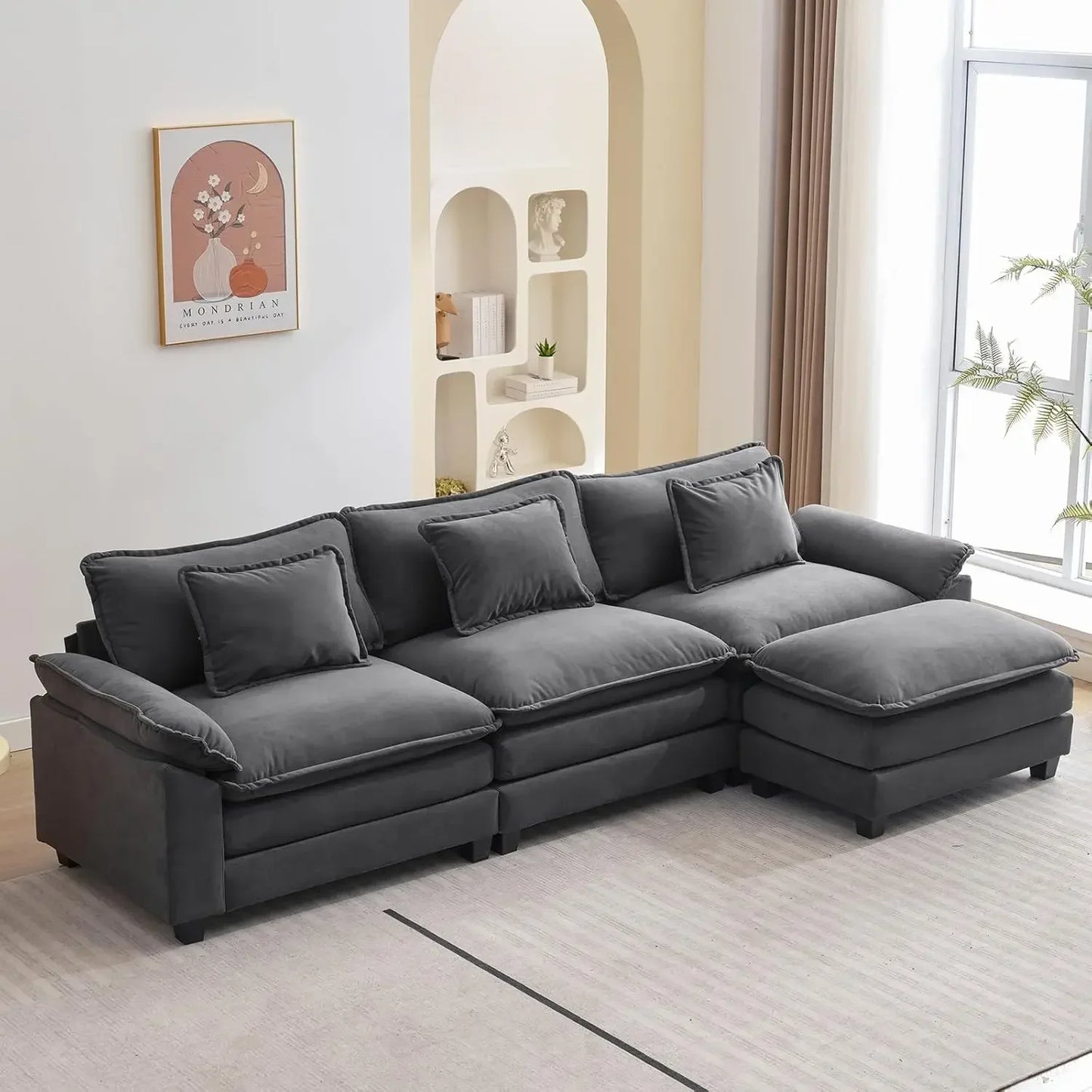 l L Shape Sofa Comfy Sectional Cloud Couch for Living Room with Pillows, Modern Velvet Sofa Sleeper Deep Couches with Ottoman
