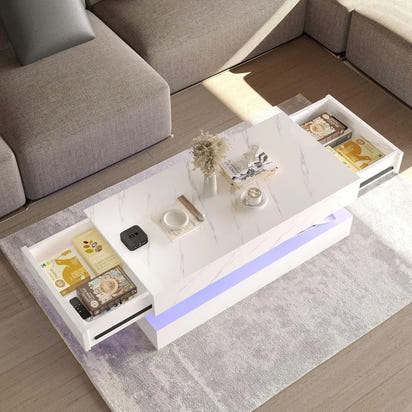 LED Coffee Table with Storage Drawers, Modern High Gloss Coffee Table Colors LED Lights,  Rectangle Center Table