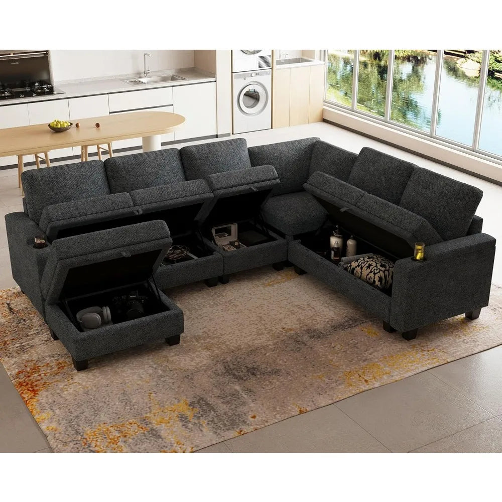 Sofa Convertible L Shaped Corner Couches for Living Room with Storage Armrest with Cup Holder Dark G