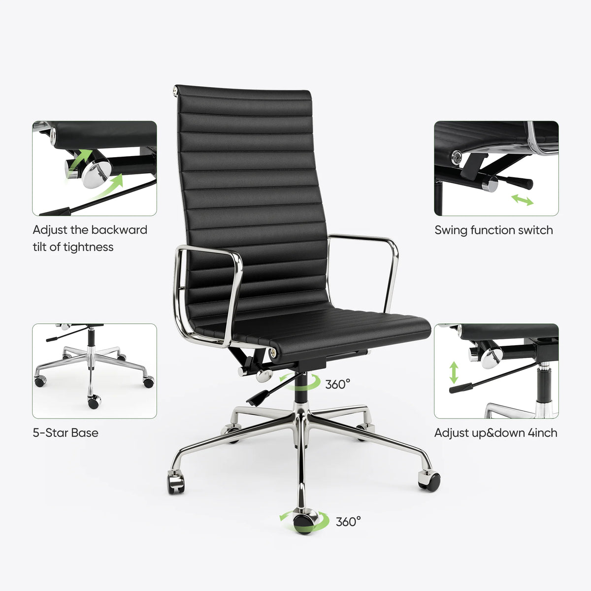 High Back Ribbed Genuine Leather Office Chair Adjustable Ergonomic Computer Chair with Aluminium Alloy Frame  Swivel Chair