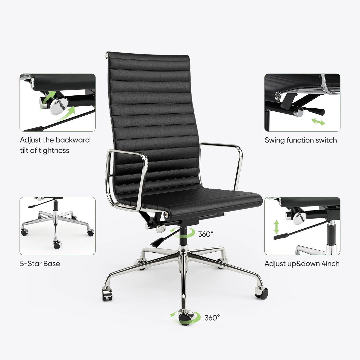 High Back Ribbed Genuine Leather Office Chair Adjustable Ergonomic Computer Chair with Aluminium Alloy Frame  Swivel Chair