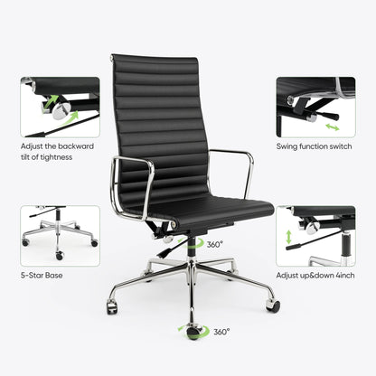 High Back Ribbed Genuine Leather Office Chair Adjustable Ergonomic Computer Chair with Aluminium Alloy Frame  Swivel Chair
