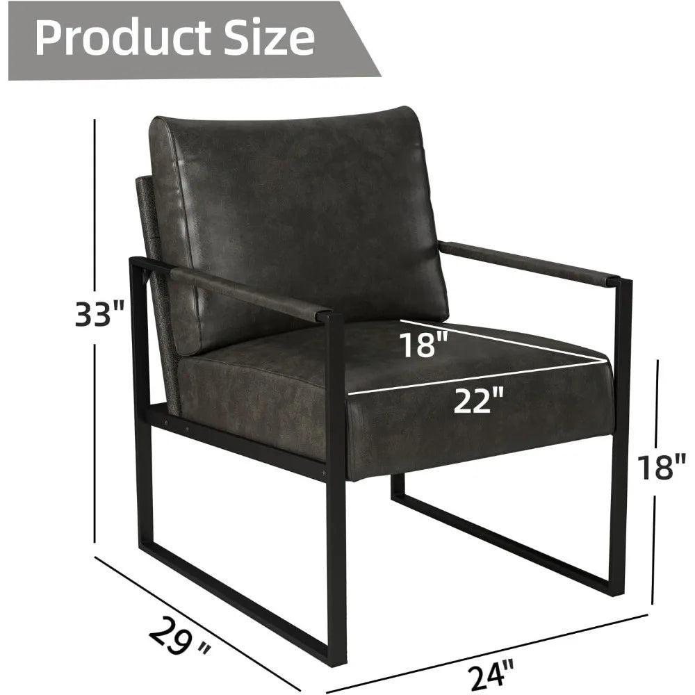 Leather Accent Chair with Metal Frame, Comfy Living Room Chair with Plump Backrest and Cushion, Mid Century Modern Chair