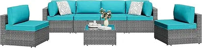 7 Pieces Outdoor Patio Sectional Sofa Couch, Silver Gray PE Wicker Furniture Conversation Sets with Washable Cushions & Glass C