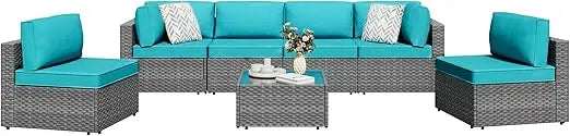 7 Pieces Outdoor Patio Sectional Sofa Couch, Silver Gray PE Wicker Furniture Conversation Sets with Washable Cushions & Glass C