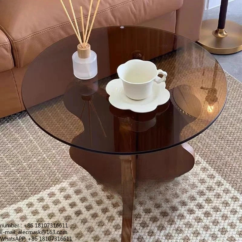Table basse créative en bois massif avec bordure en pétales de style rétro français, plateau en verre trempé