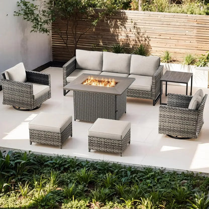 Patio Conversation Set with Fire Pit Table, Grey Resin Wicker Swivel Patio Chairs with Sofa Ottomans Side Table and Fire Table
