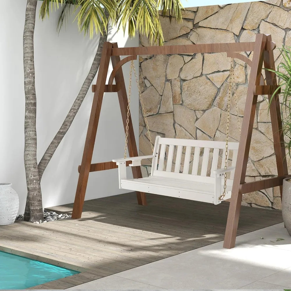 2 Person Hanging Porch Swing, Outdoor Bench Swing with Adjustable Chains, Hidden Cup Holder,  Tree Swing Chair for
