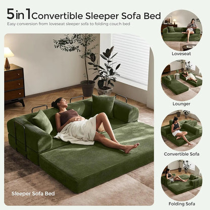 79" Convertible Sofa Bed with Removable Armrests, Modular Corduroy Sleeper for Small Spaces - Green (Includes Pillows)