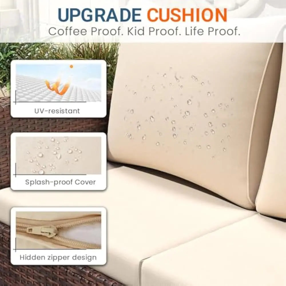 4 Piece Patio Furniture Set, Wicker Outdoor Patios Conversation Furniture Set, Outdoor Patio Sofa with Cushion and Glass Table