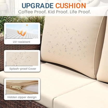 4 Piece Patio Furniture Set, Wicker Outdoor Patios Conversation Furniture Set, Outdoor Patio Sofa with Cushion and Glass Table