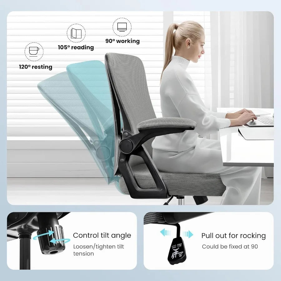 Office Chair Ergonomic Home Computer Desk Chairs Comfy Breathable Mesh Chair with Adjustable Lumbar Support Flipup Armrests Exe