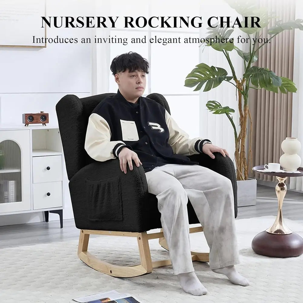 Nursery Rocking Chair with Footrest, Teddy Bear Upholstered Glider Chair, Nursery Gliding Recliner with Pocket, Living Room Glid