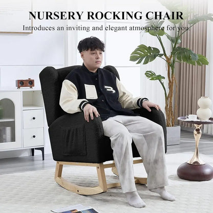Nursery Rocking Chair with Footrest, Teddy Bear Upholstered Glider Chair, Nursery Gliding Recliner with Pocket, Living Room Glid