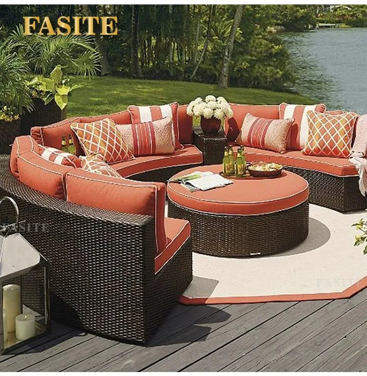 Outdoor round rattan sofa combination garden courtyard semi-circular rattan chair outdoor hotel curved living room