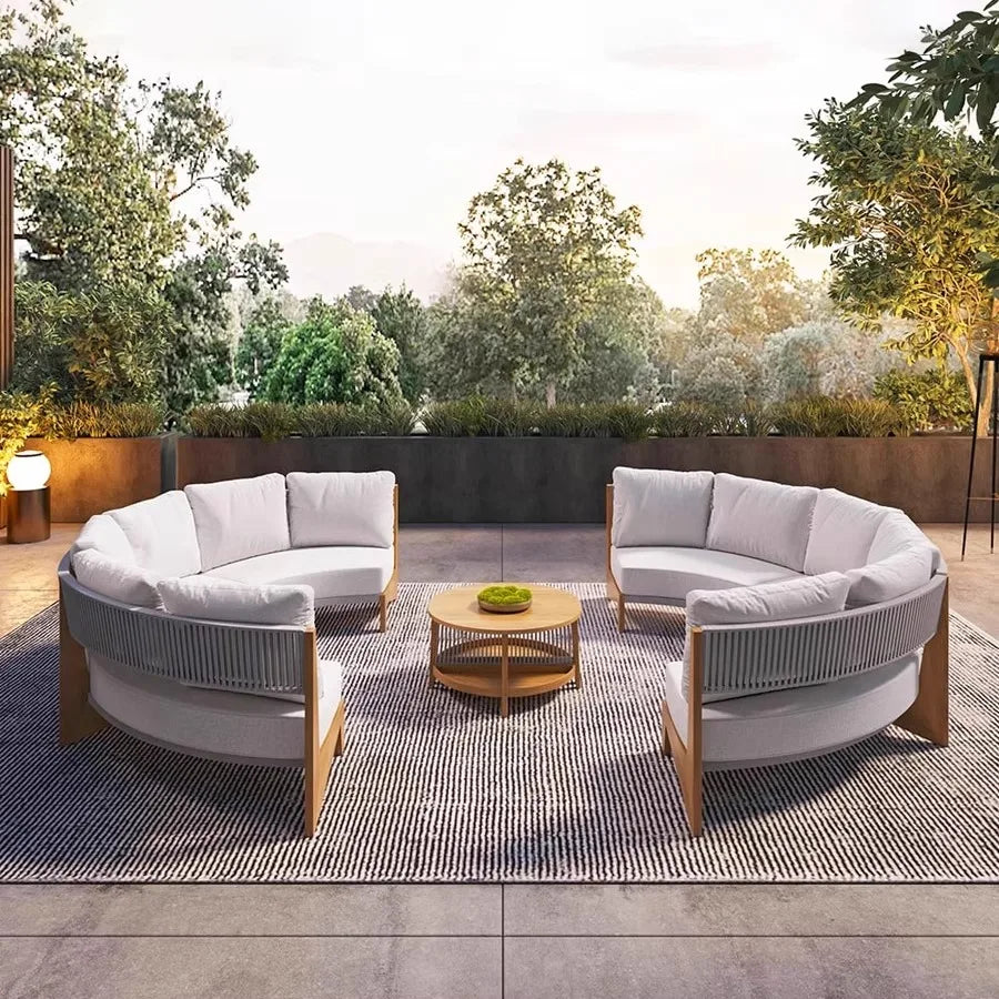 Outdoor circular sofa, rattan woven outdoor courtyard garden, villa restaurant, outdoor booth, anti-corrosion teak furniture
