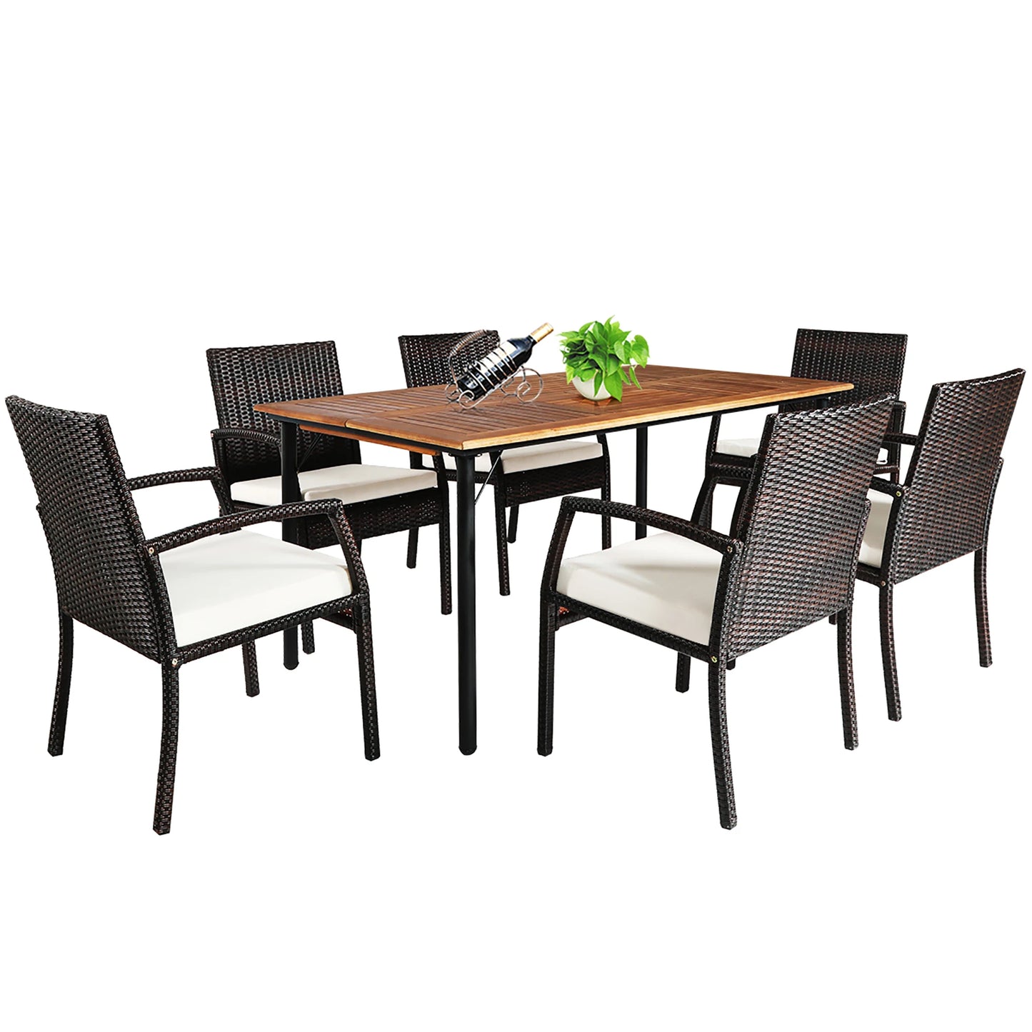 7PCS Patio Rattan Dining Set Chair Wooden Table Top W/Umbrella Hole