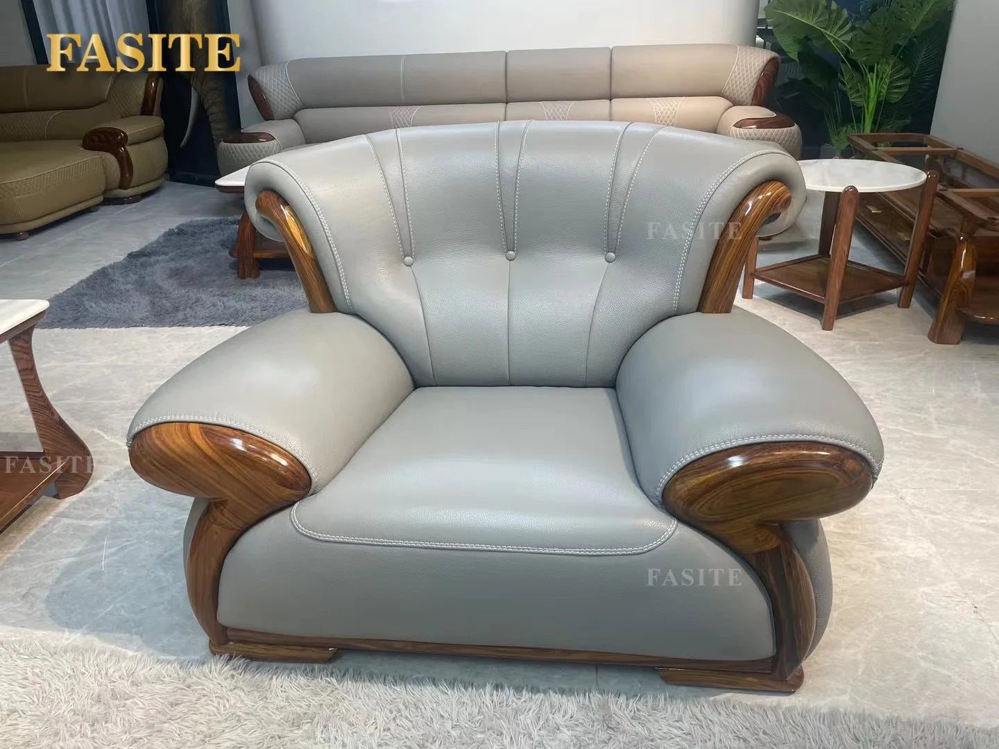 Ebony leather sofa modern light luxury high-end living room villa first layer cowhide solid wood new Chinese-style small