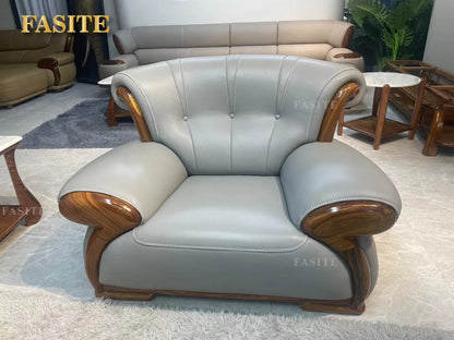 Ebony leather sofa modern light luxury high-end living room villa first layer cowhide solid wood new Chinese-style small