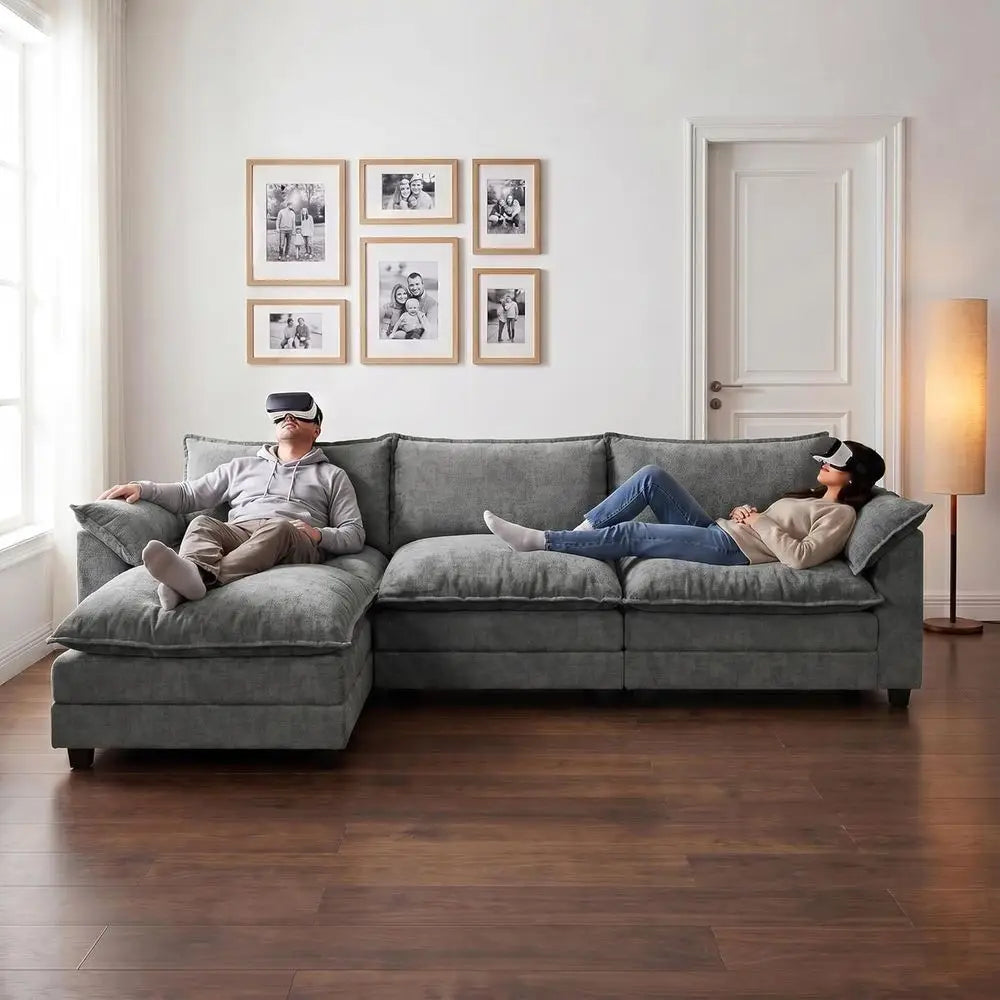 Sectional Sofa with Ottoman, Chenille Fabric, Convertible 3-Seater Couch for Living Room (Gray, L-Shape) | Breathable Material