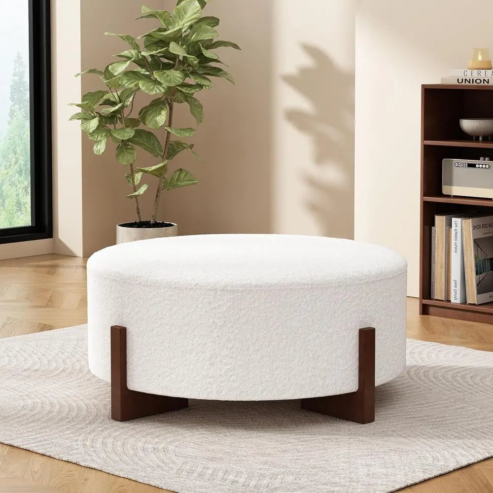 Modern Upholstered Ottoman, White & Walnut, Large Sofa Footrest for Living Room